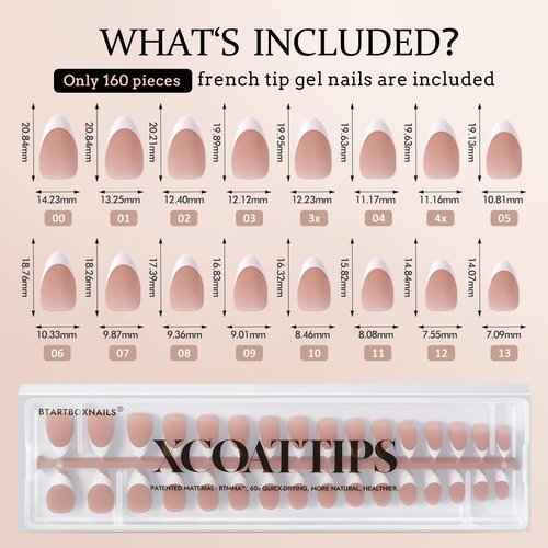BTArtboxnails French Gel Nail Tips - French Tip Press on Nails Brown Short Almond 3 in 1 X-coat Tips Pre-applied Tip Primer & Base Coat, No Need to File Fake Nails for Nail Art DIY