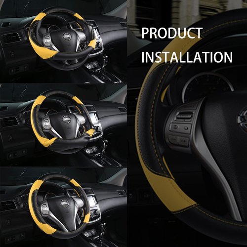 Leather Car Steering Wheel Cover, Non-Slip Car Wheel Cover Protector Breathable Microfiber Leather Universal Fit for Most Cars (Black&Yellow)