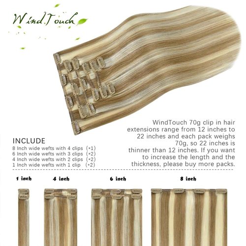 WindTouch Clip in Hair Extensions Real Human Hair #18P613 Mixed Bleach Blonde 70g 12 and 18 inch
