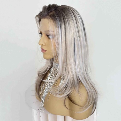 CIMITIKI Platinum Highlight Blonde and Brown Wigs 13x4 Lace Front Wig Layered Free Style Wear and Go Synthetic 18Inch Pre Plucked Hairline for Women