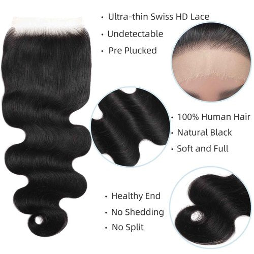 5x5 SKINLIKE 100% Real HD Lace Closure Body Wave Human Hair Closure 0.095mm Ultra-thin Invisible Swiss HD Lace Closure Pre Plucked Small Single Knots Brazilian Virgin Human Hair Closure 22inch
