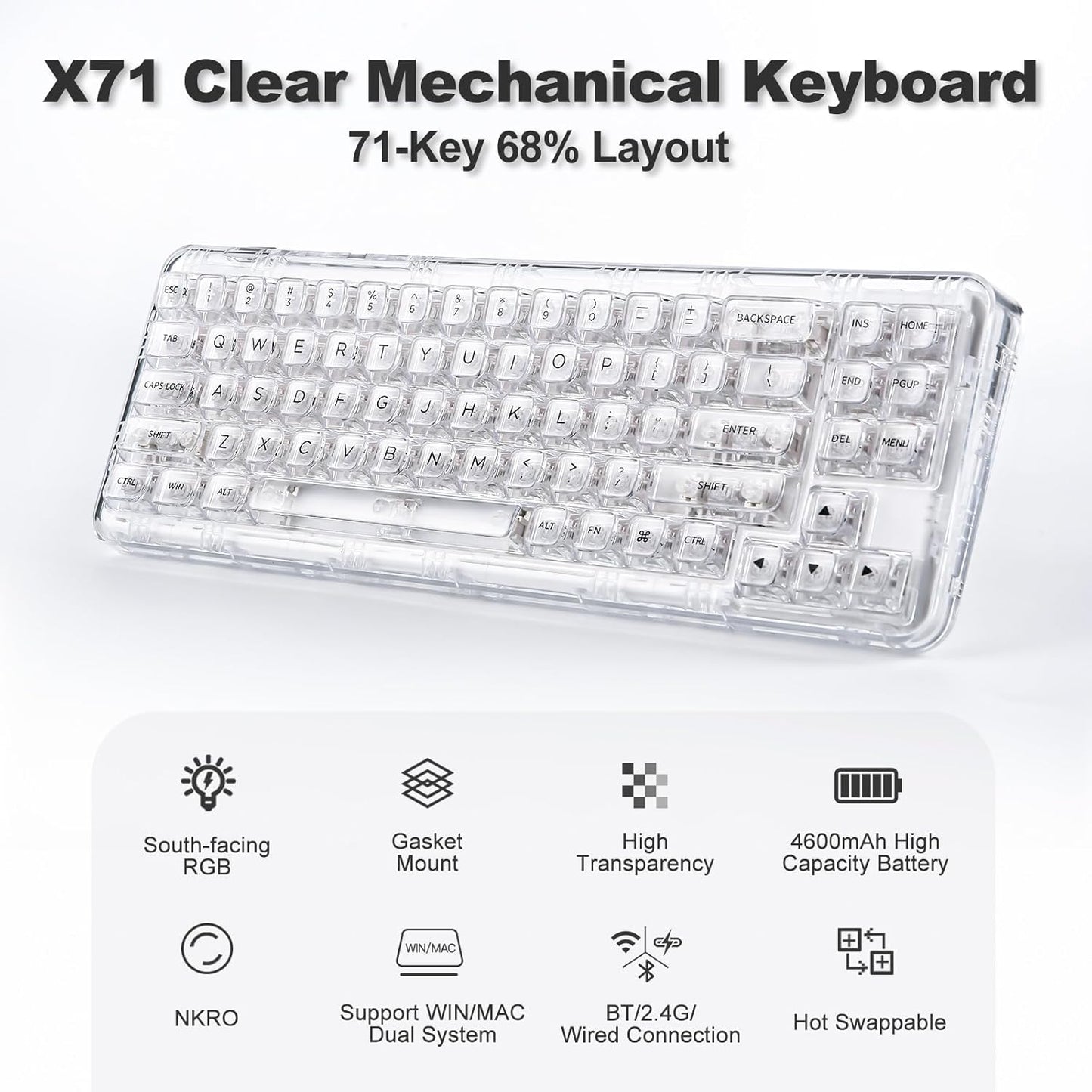 YUNZII X71 Transparent Mechanical Keyboard(Crystal Ice Switch,White), Keyboard Wrist Rest(Cat)