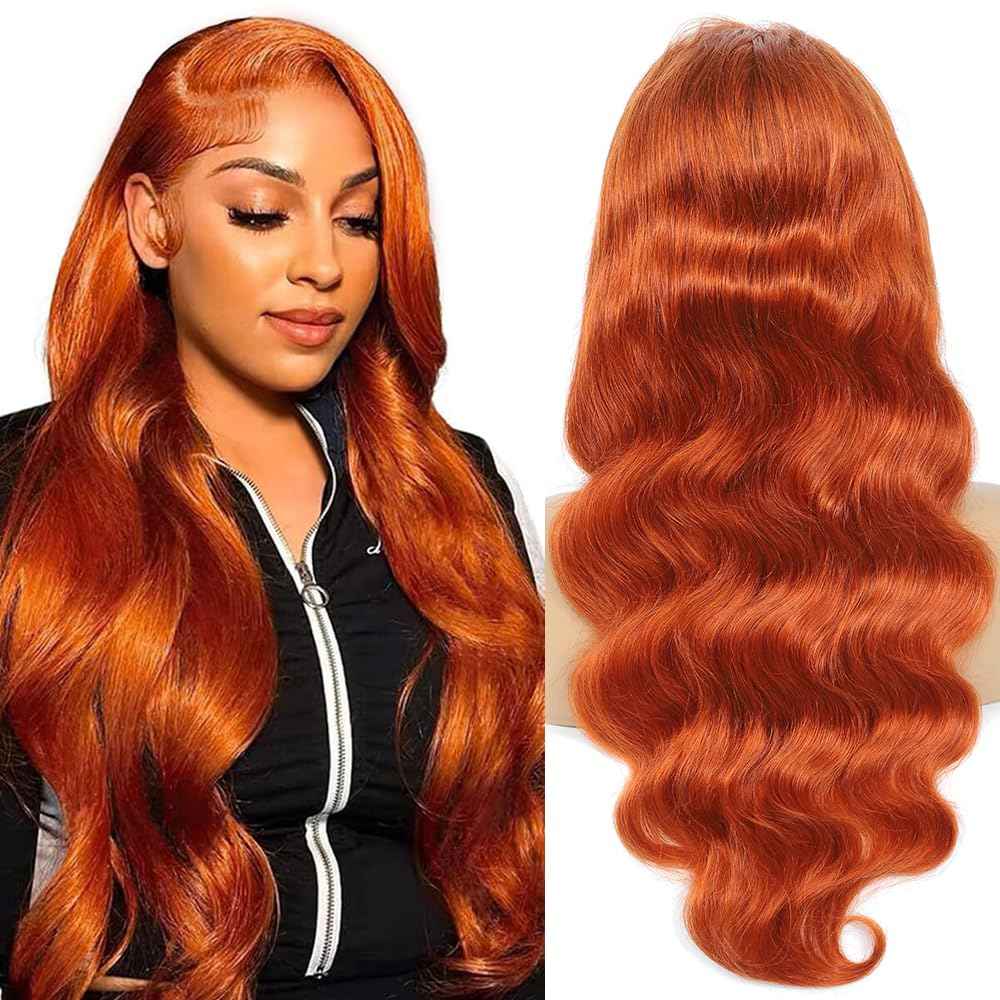 Ginger Lace Front Wig Human Hair Pre Plucked With Baby Hair, 13x6 HD Body Wave Lace Frontal Wig, 180% Density Colored Glueless Orange Wig for Women 24 Inch