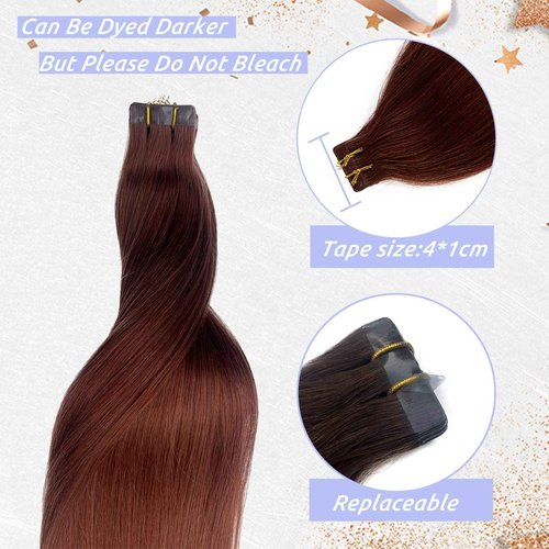 Tape in Hair Extensions Human Hair Seamless Skin Weft Silk Straight Mapel Leaf Red Colored Hair Extensions 20pcs 50g/pack Invisible Adhesive Tape on 100% Remy Hair Extensions(20Inch #33 Dark Auburn)