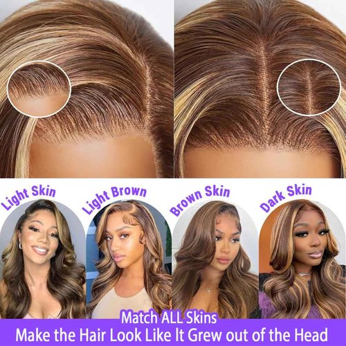 Smabuity Honey Blonde Ombre Lace Front Wig Human Hair Highlight 13X6 Body Wave Lace Front Wigs Human Hair Pre Plucked 180 Density 4/27 Glueless HD Lace Frontal Wig for Women 24 Inch