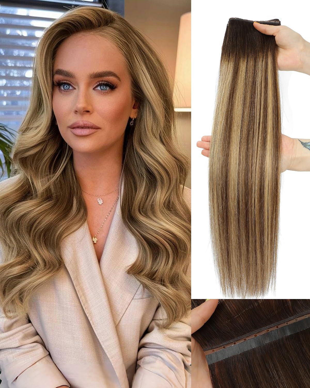 PANEWAY Butterfly Weft Hair Extensions Real Human Hair Layer Invisible PU OVO Extensions No Glue Genius Weft with Micro Beads for Short/Thin Hair (#P6/16/T2,20 Inch)