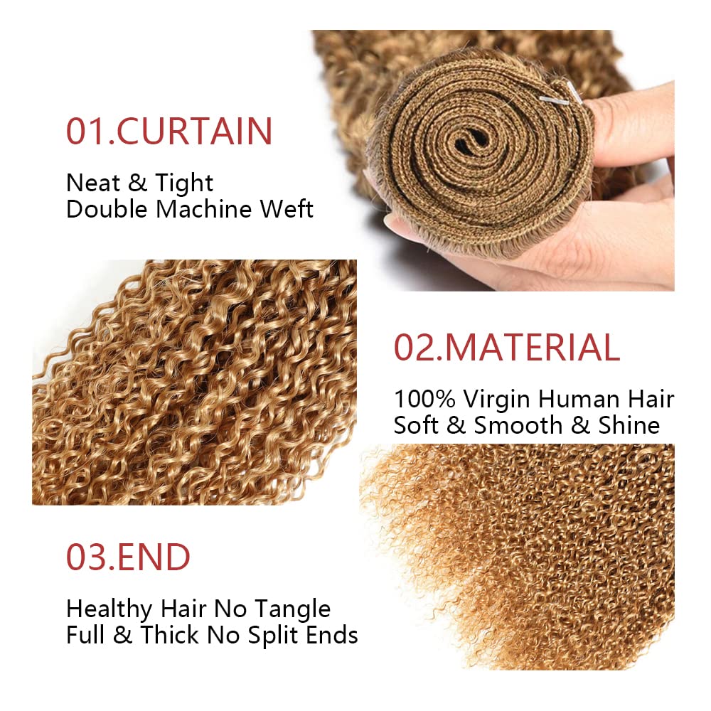 #27 Kinky Curly Bundle Honey Blonde Human Hair 3 Bundles Brazilian Unprocessed Virgin Hair Extensions Double Weft Bundle For Women 12 14 16 Inch