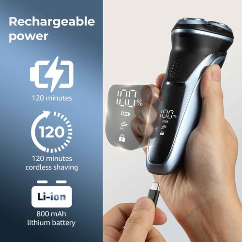 GDKLXL Men's Electric Razor, IPX7 Waterproof Shaver with 4D Flex Blades & Pop-Up Trimmer, 90Min Runtime, Fast USB-C Charge, Wet/Dry Use, for Sensitive Skin, Travel-Friendly, Blue