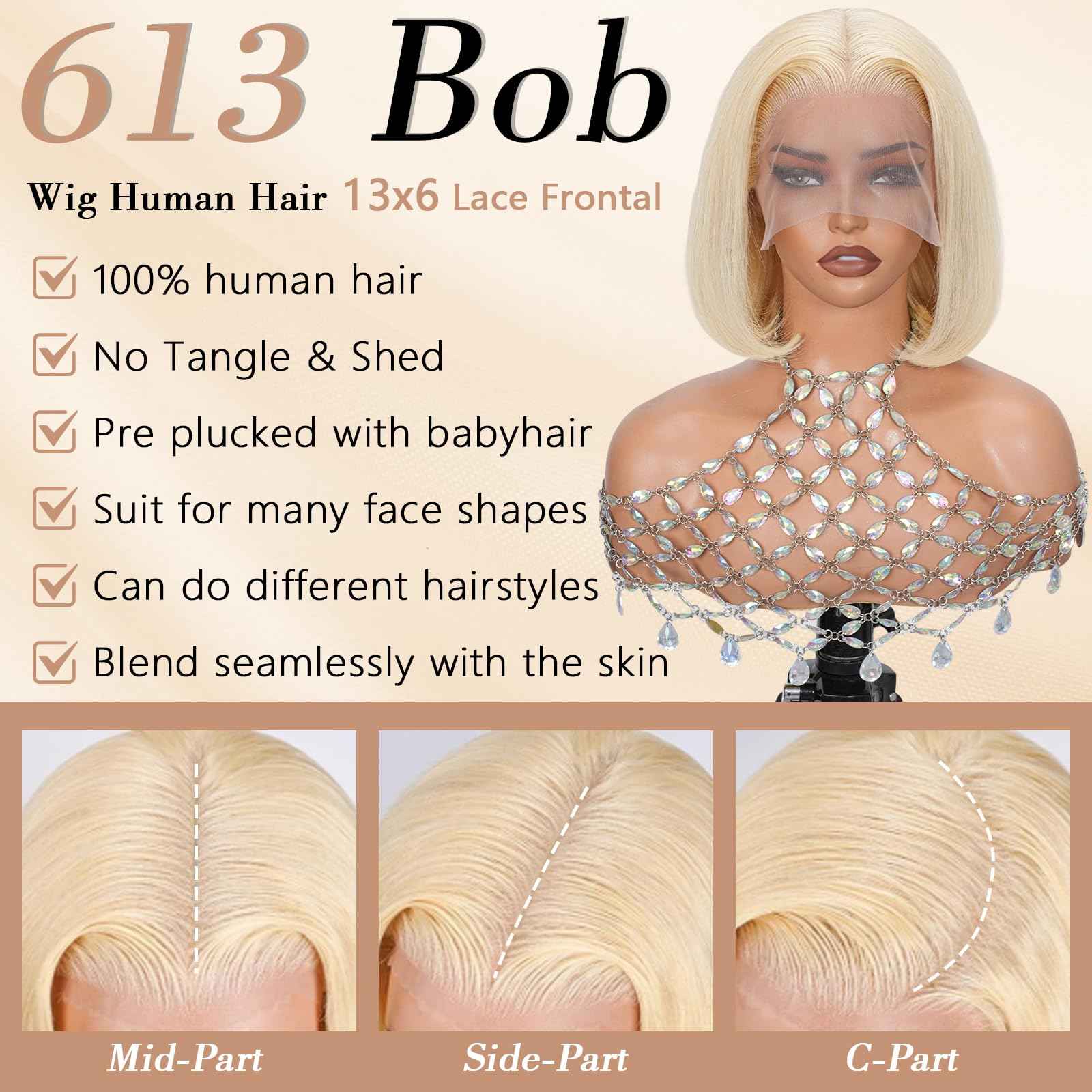 Geomone 16 Inch Blonde Bob Wig Human Hair 180 Density HD Lace Front Wigs Pre Plucked With Baby Hair 613 Bob Wig Human Hair 13x6 Lace Frontal For Women Blonde Wig Suits For Daily Life And Parties