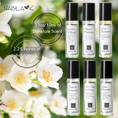 Nabila K Roll-on Perfume (Set of 6) with Essential Oils Alcohol-Free, All-Natural, Organic, Long-Lasting Fragrance - Travel-Size Perfume for Women - TSA Approved, 0.33 oz / 10 ml
