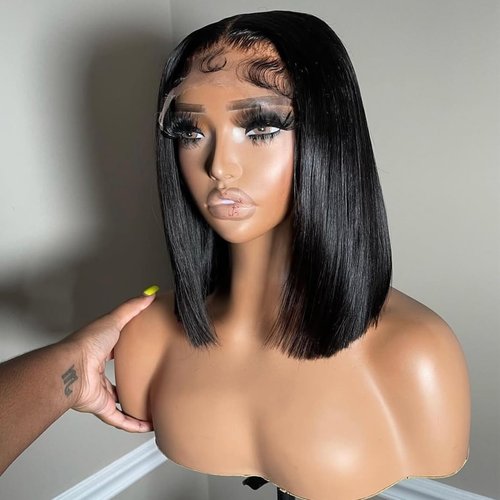 Msviki Bob Wig Human Hair 12inch Straight Bob Wig 100% Brazilian Human Hair,13x4 HD Bob Lace Front Wigs Human Hair Natural Black Bob Wigs Human Hair Pre Cut 12A Double Drawn Bob Wig 220 Density