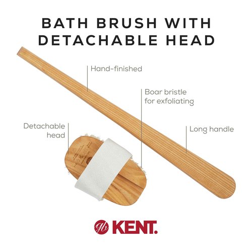 Kent FD3 Luxury Beechwood Body Scrubbing Exfoliating Bath/Shower Brush with 100% Pure White Bristle. Long Handle with Detachable Head, Wet/Dry Back and Skin Brushing, Body Exfoliator. Made in England