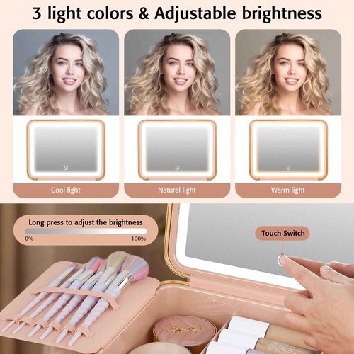 Longyu Makeup Box with Lighted Mirror Travel Train Case Cosmetic Organizer and Makeup Suitcase with Adjustable Dividers and 5X Mirror (Pink)
