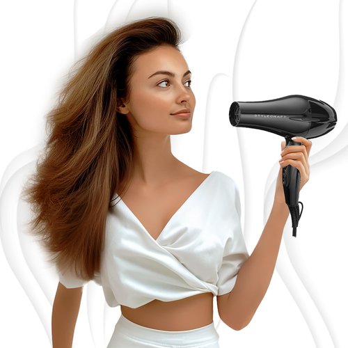 StyleCraft Stay-Temp Professional Lightweight Hair Dryer, 3 Heat/2 Speed Settings, Ionic Turbo Motor, Concentrator Nozzle, and Pik Attachments