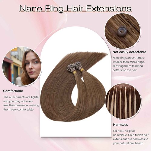 SEGO Nano Bead Hair Extensions Human Hair, 1g/s 50g/pack 22 Inch Nano Ring Hair Extensions, Highlight, Add Volume and Length, Nano Tip Hair Extensions for Women Medium Brown