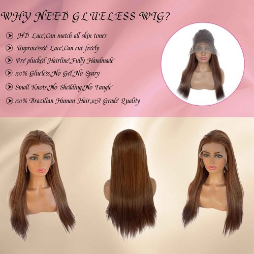 OiMiGO Highlight 13x6 Lace Front Human Hair Wig for Women,Ombre Straight Skilly Lace Frontal Wigs 10A Brazilian Hair,Pre Plucked with Natural Hairline colored Brown with Auburn Wigs #4T4/30(20Inch)