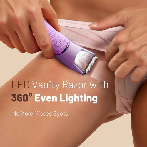 LGTGH Bikini Trimmer for Women: Pubic Hair Razor with Mirror & LED Light, Electric Shaver with Ceramic Blades & Travel Lock - Body Groomer IPX7 Waterproof Use for Legs/Arm/Underarm - Purple
