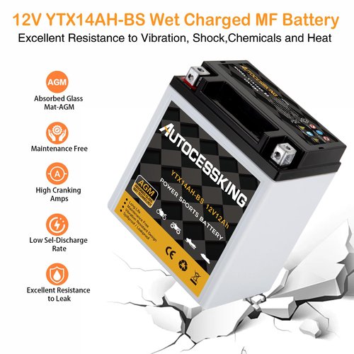 Autocessking YTX14AH-BS 12V 12Ah Battery, Rechargeable Sealed AGM Battery Maintenance Free Powersport Replacement Battery for Motorcycle, ATV and Scooter