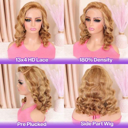 Hihmarm 16 Inch Highlight Bob Wig Human Hair 13x4 Body Wave HD Lace Front Wigs Human Hair Pre Plucked 180% Density Glueless Ombre Lace Front Wig Human Hair Bob Wigs for Black Women Natural Hairline