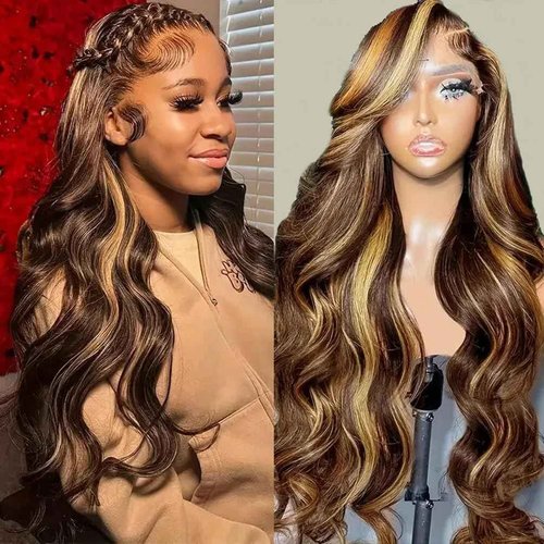 Brofiri 360 HD Lace Front Wigs Human Hair 4/27 Highlight Ombre Body Wave Wig Human Hair Pre Plucked 180 Density Full Lace Frontal Wigs Glueless Hidden Strap Lace Frontal Wig for Women 26 Inch
