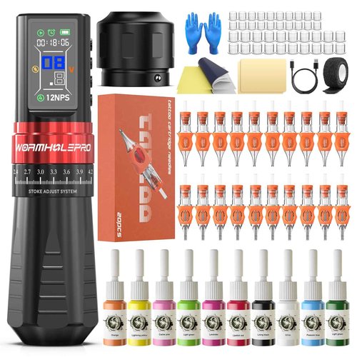 WORMHOLEPRO Aluminum Alloy Tattoo Gun with Adjustable Tattoo Pen Stroke, Tattoo Kit with Dotwork Mode, Memory Function, Complete Beginners Kit and Professional Tattoo Artists - Compact/Lightweight