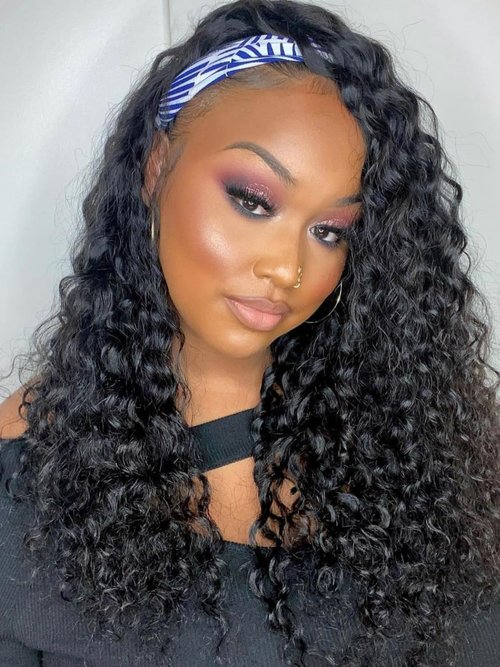 Liwsizxk Water Wave Headband Wig Human Hair 16inch Curly Drawstring Headband Wigs Human Hair Wear and Go Glueless Wigs for Black Women Brazilian Virgin Hair 220 Density Natural Color
