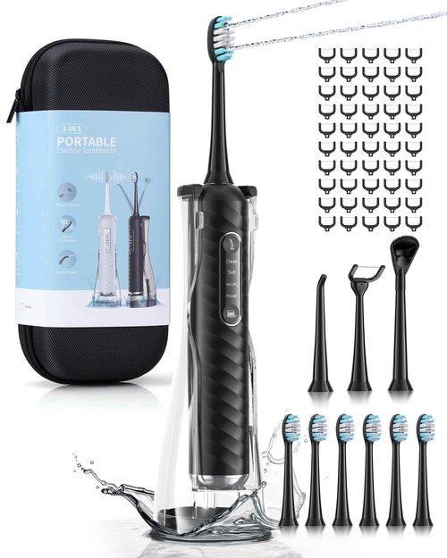 Duolosy Electric Toothbrush with Water Flosser, 4 in 1 Cordless Toothbrush and Water Flosser Combo for Multiple Users and Needs, Portable for Travel and Home,Black