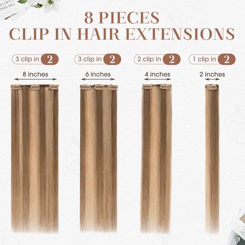 TESSHAIR Clip in Hair Extensions Real Human Hair 22 Inch Human Hair Clip in Extensions Medium Brown & Dark Blonde Hair Extensions Clip ins Double Weft 100% Real Human Hair Extensions 8 PCS 75g #4P27