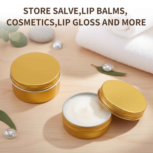 Patelai 2 oz 120 pcs Metal Round Tins Aluminum Tin Cans Salve Tins Containers with Screw Lid 20 Sheets Stickers for Salve Spice Candies Balms Candles(Gold)