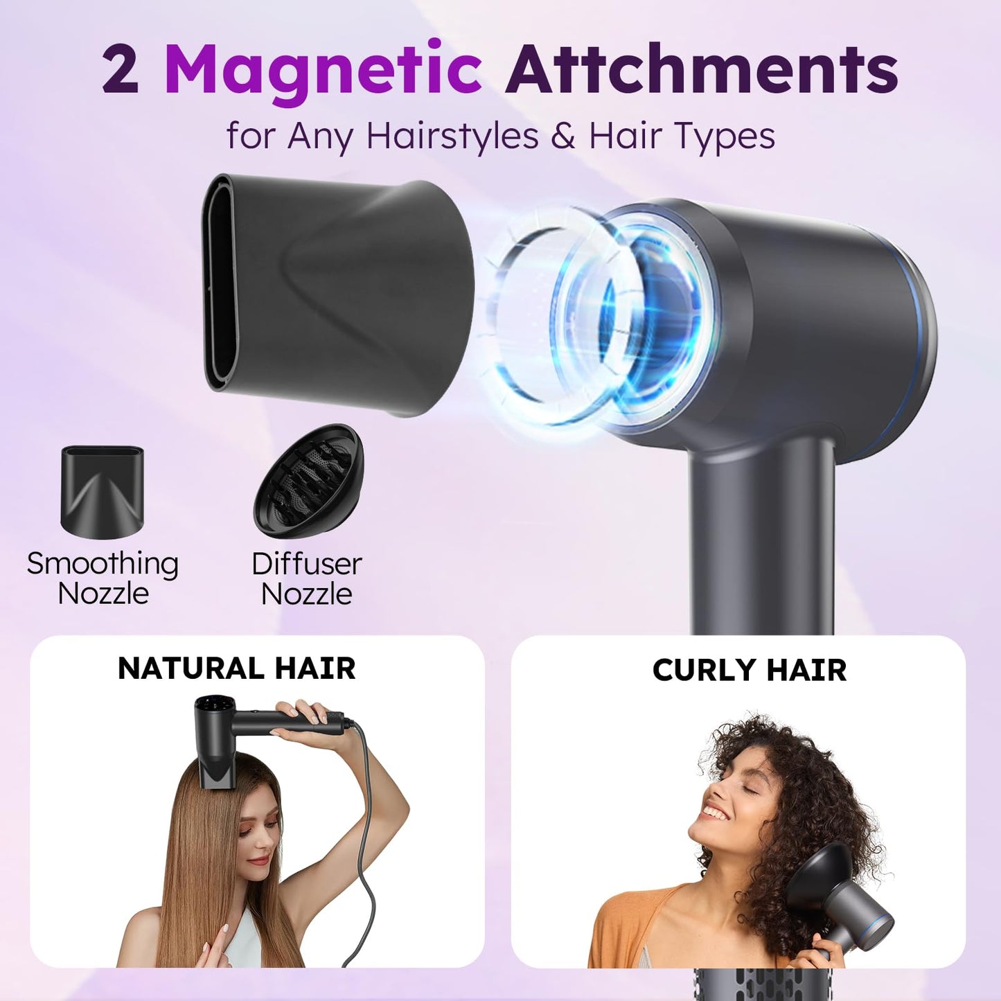 Hair Dryer, Professional Ionic Hair Dryer for Fast Drying, Low Noise, Lightweight, 600 Million Negative Ions High-Speed Hair Blow Dryer with Diffuser for Curly Hair Women, Men, Home, Travel, Salon