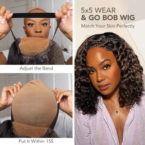 Smilegirl 1B/30 Bob Honey Brown Wig Human Hair Deep Wave 5x5 HD Lace Closure Wigs Human Hair Wear and Go Pre Cut Brown Highlight Wig Human Short Wigs for Black Women 14"