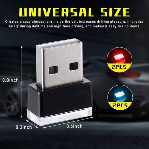 Augeny 4 PCS USB LED Car Interior Atmosphere Lamp, Plug-in USB Decor Night Light, Portable Auto Ambient Lighting Kit, Universal Vehicle Interior Accessories for Most Cars (2 Red+2 Ice Blue)