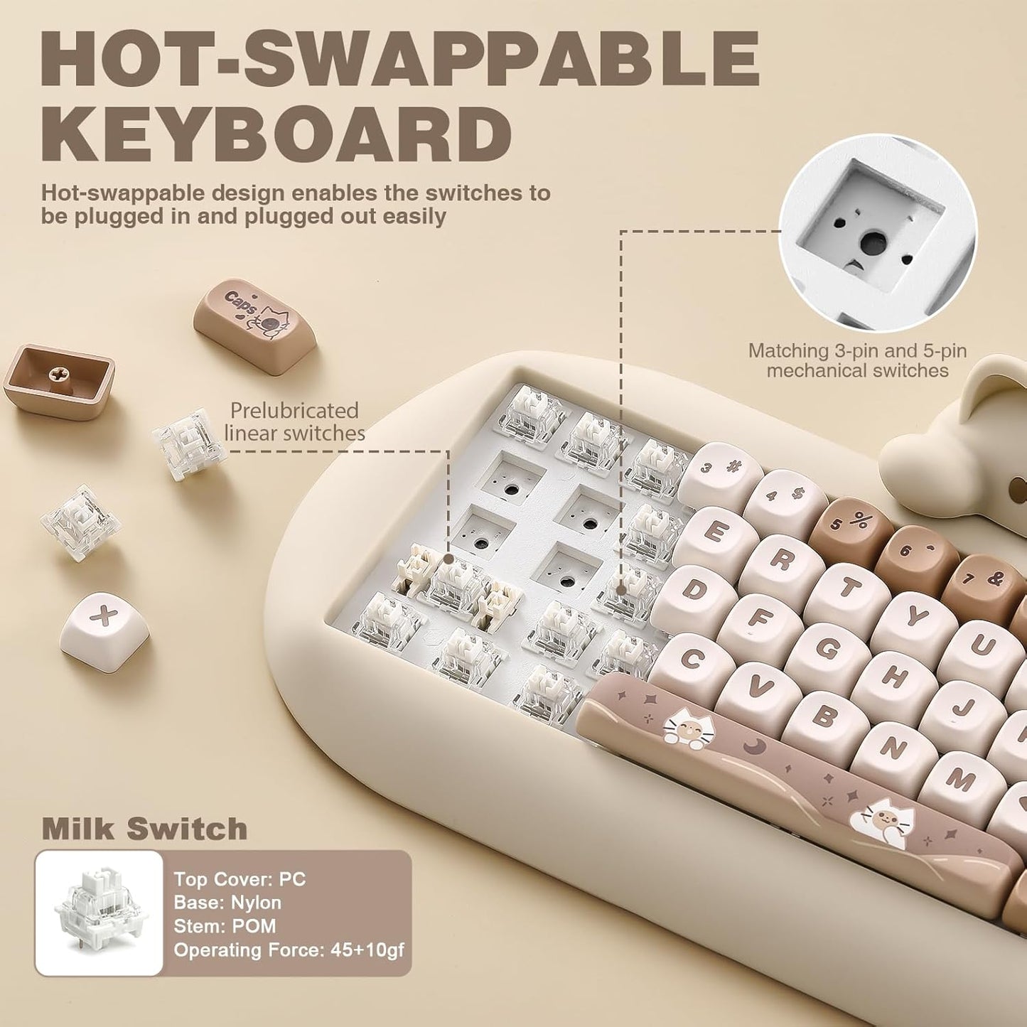 YUNZII C68 Panda Wireless Mechanical Gaming Keyboard, 68 Keys Cute Layout with PBT Keycaps,RGB Backlit, Hot Swappable,Creamy Switches,BT5.0/2.4G/Wired for Win/Mac(Black,Panda Switch)