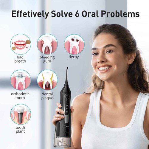 COSLUS 2 Pack Cordless Water Flosser with Elegant Packaging for Teeth, Braces, Gums Care - Easy to Use, Rechargeable, Waterproof, Portable for Travel, BPA-Free, Black & Pink, C20(F5020E)