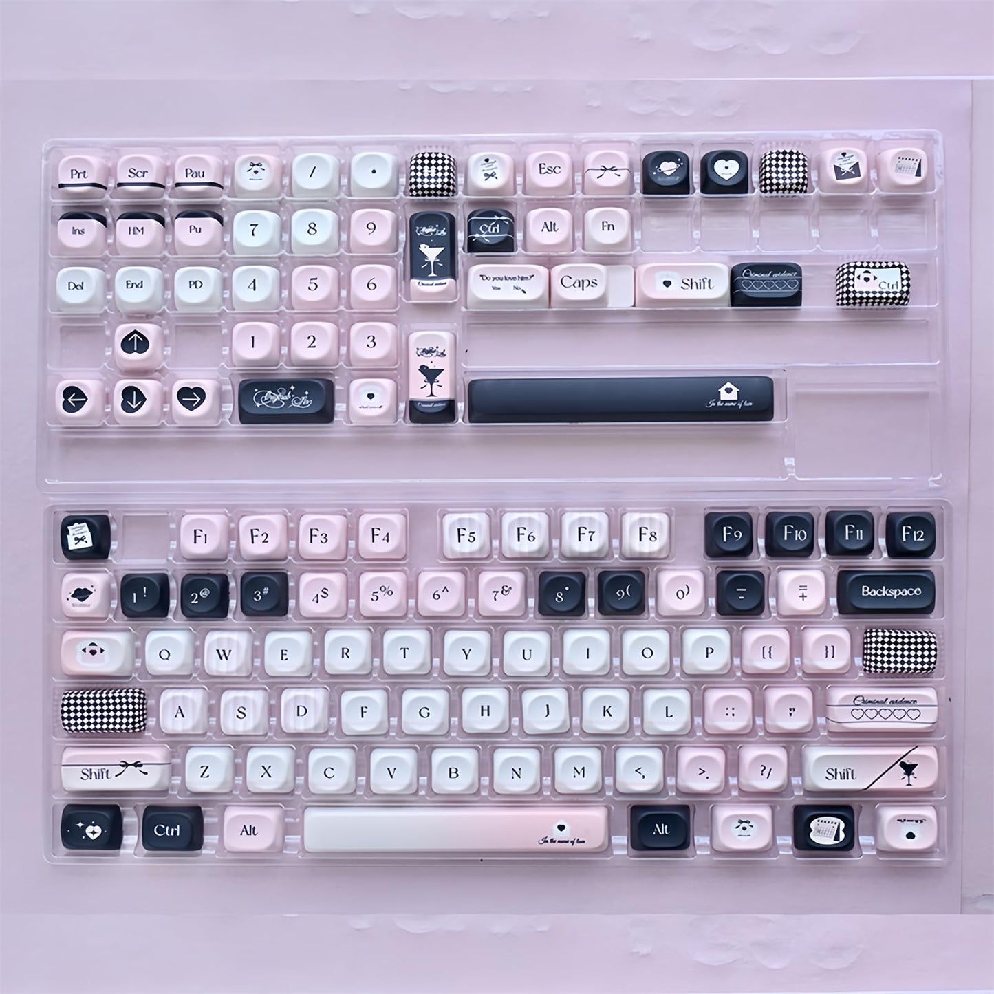 ZMX MOA Profile Cute Kawaii Pink and Black Keycaps, PBT Dye-Sub Custom Full Size Keycap Set for Cherry MX Switch ANSI Layout 75% 60% Mechanical Gaming Keyboard