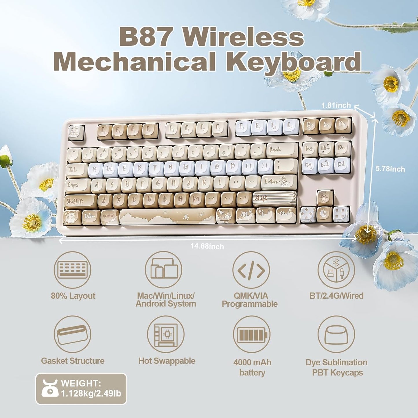 YUNZII B87 Wireless Mechanical Keyboard,QMK/VIA Programmable,TKL Layout 87 Keys,BT/2.4G/USB-C,Hot Swap Gasket Mount RGB Backlit Gaming with Wrist Rest for Win/Mac(Purple, Cocoa Cream V2)