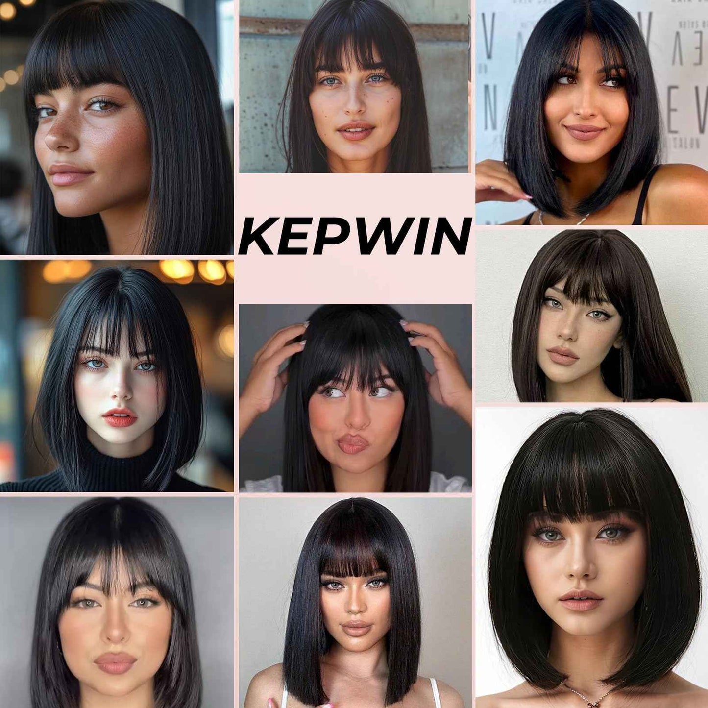 KEPWIN Bob Wig with Bangs Human Hair Wig 2x1 Closure Transparent Lace Bob Glueless Wigs Human Hair Short Wigs Straight Wigs for Black Women Wear and Go Natural Black 180% Density 14Inch