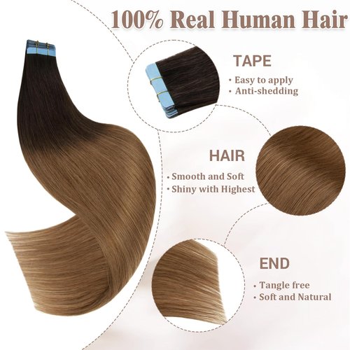 Lveyan Tape in Hair Extensions Human Hair, 20 Inch 20pcs Hair Extensions Real Human Hair Dark Brown to Chestnut Brown Invisible Tape in Hair Extensions for Women (#T2/6, 20 Inch)