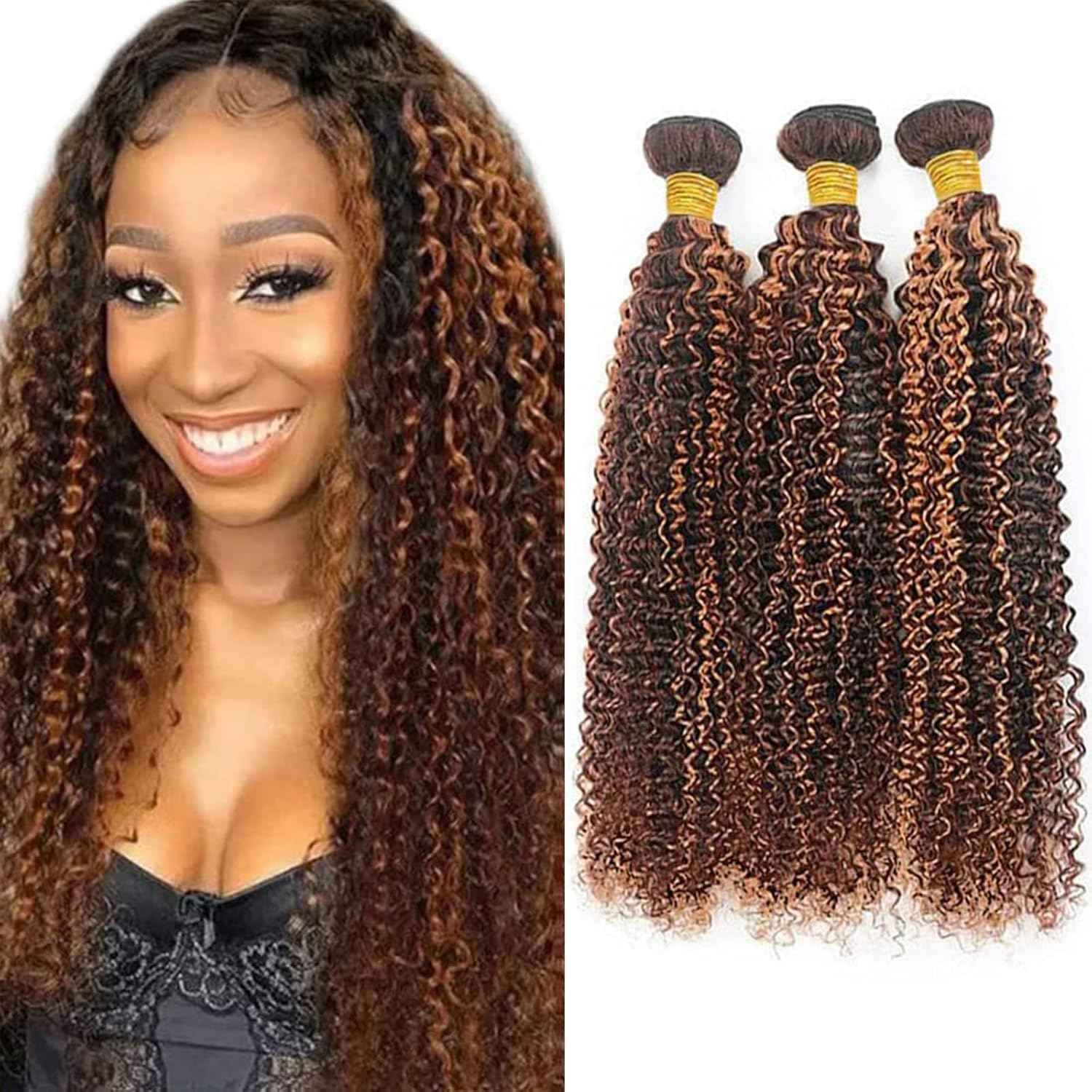 Giginger Jerry Curly Human Hair Bundles 24 26 28 Inch Brazilian Chocolate Brown Highlight P4/30 Jerry Curly Bundles Human Hair 100% Unprocessed Raw Quick Weave Hair for Black Women