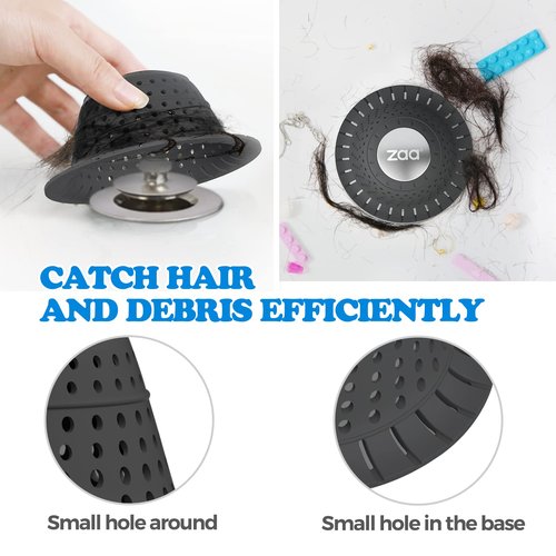 zaa Bathtub Drain Hair Catcher, Premium Silicone Collapsible 2 Pack Drain Protector for Pop-Up & Regular Drains of Shower, Bathtub, Tub, Bathroom, Sink, Black Black