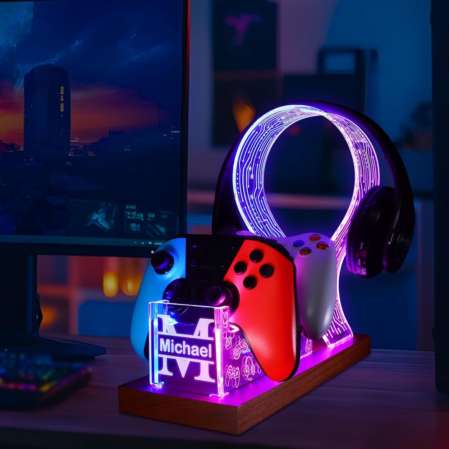 YuanDian Gamer Gifts for Teenage Boy, Desk Gaming Headset and Controller Stand with Blue Pink LED Night Light, Acrylic Wooden Controller Holder with PCB Pattern, Desk Decor Gift