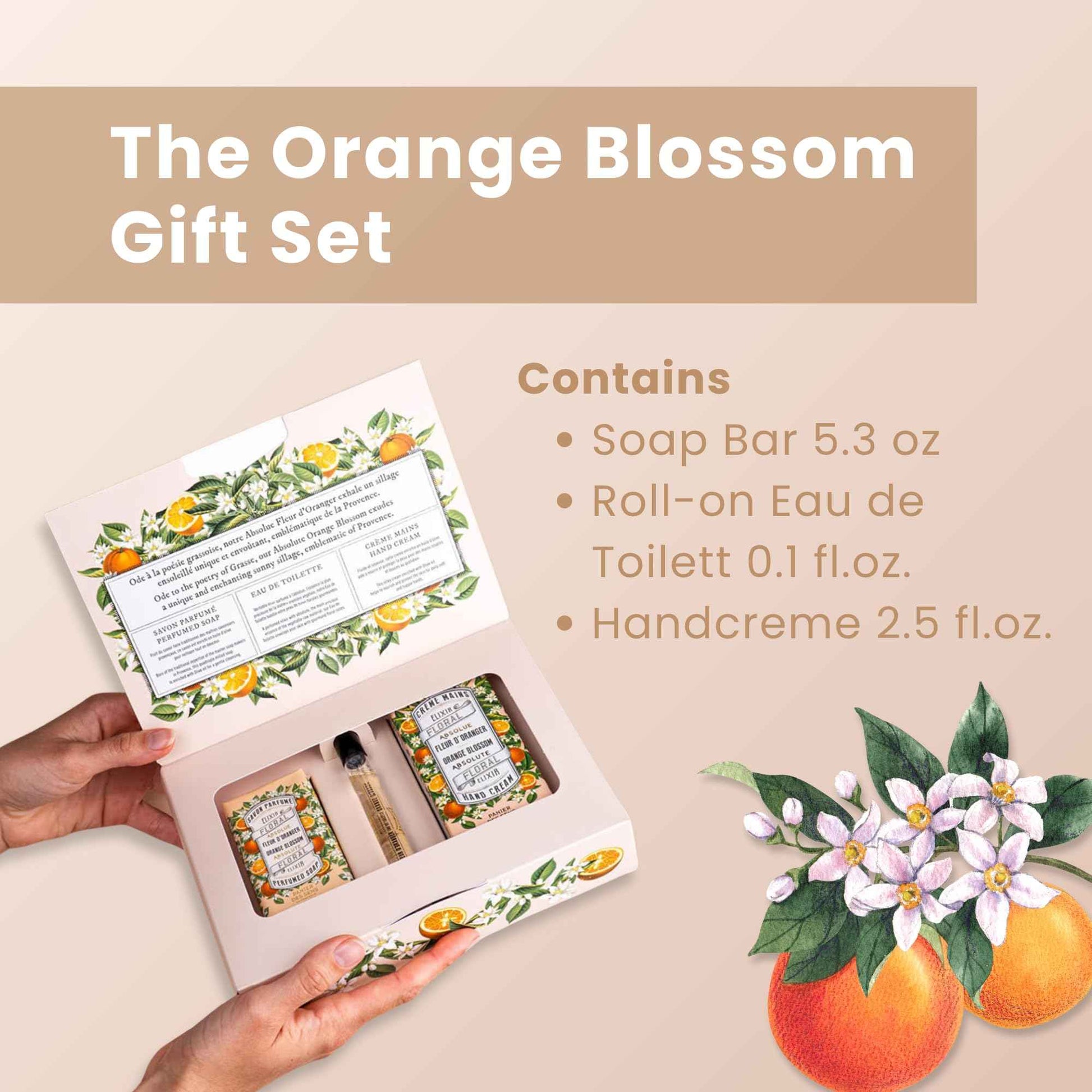 Panier des Sens - Orange Blossom Gift Set for Women - Roll On Perfume + Hand Cream + Bar Soap - Thank you, Birthday Gift for Her - Self Care Kit with 96% Natural Ingredients - Skin Care Set