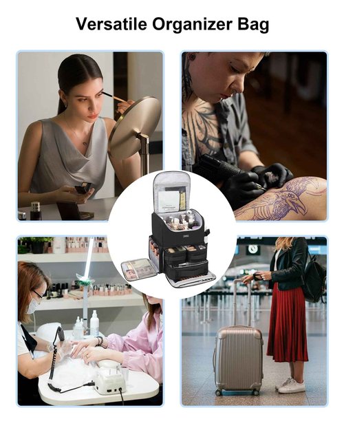 Relavel Makeup Backpack Large Makeup Bag with 3 Clear Set Bags, Dual Layer Professional Cosmetic Organizer Travel Train Case Makeup Artist Kit with Adjustable Dividers & Easy to Clean Lining, Black