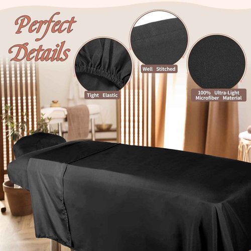 Oudain 4 Sets 3 Piece Soft Microfiber Massage Table Sheets Set Bulk Includes Massage Flat Sheet and Fitted Sheet and Face Rest Cover(Black)