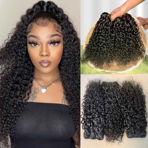 Pixie Curly Bundles Human Hair Water Wave Human Hair Bundles 20 22 24 Inch Kinkycurly Bundles 3c4a Quick Weave Water Wave with Spiral Curly End 100% Raw Virgin Hair Extensions 3pcs Wavy Natural Black