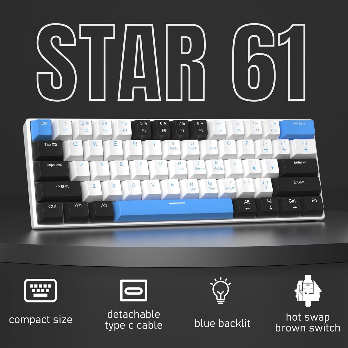60% Mechanical Gaming Keyboard, White Gaming Keyboard with Red Switches, Detachable Type-C Cable Mini Keyboard with Blue LED Light for/PC/Laptop