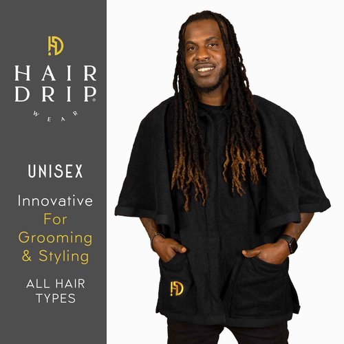 HAIR DRIP WEAR 2-In-1 Premium Protective Wearable Garment with Integrated Hair Drying Towel, BLACK, LARGE-XLARGE | Double Layered, Unisex | Super Absorbent, Quick-Dry, Natural Curly & Coily Hair