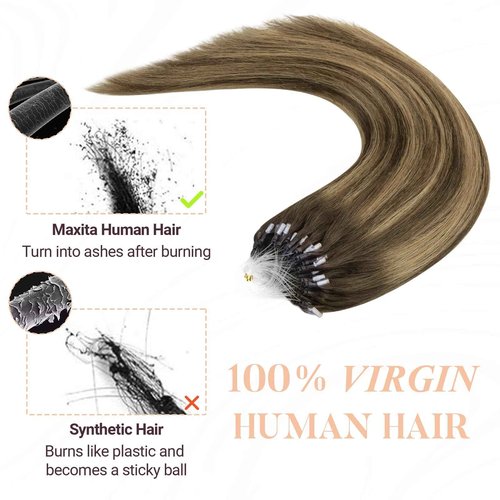 MAXITA Microlink Hair Extensions Human Hair Balayage Dark Brown Mixed Chestnut Brown Micro Bead Hair Extensions Virgin Human Hair, 50g/50 Strands/Pack, 24 In