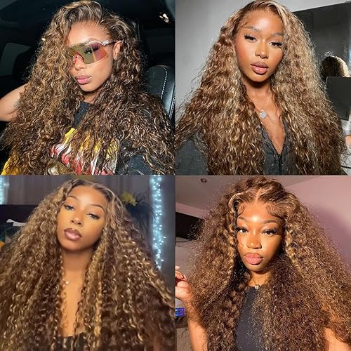 Honey Blonde Curly Wig Human Hair 13x4 HD Highlight Ombre 4/27 Deep Wave Lace Front Wigs Human Hair Pre Plucked 180% Density Glueless Colored Wigs for Women Wet and Wavy Lace Front Wigs 26 Inch