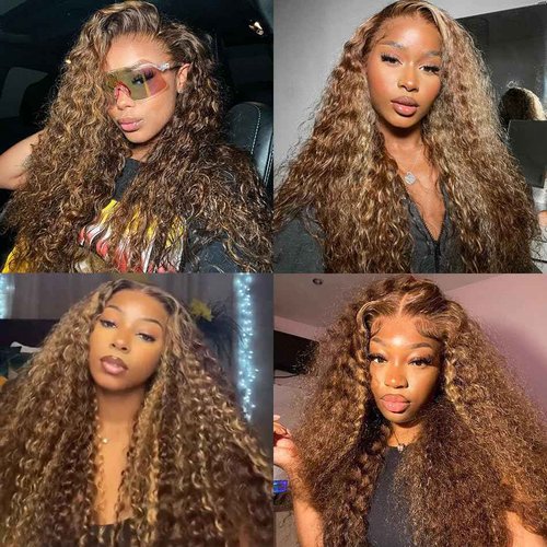 ZAMSTA Honey Blonde Curly Wig Human Hair 13x4 HD Highlight Ombre 4/27 Deep Wave Lace Front Wigs Human Hair Pre Plucked 180% Density Glueless Colored Wigs for Women Wet and Wavy Lace Front Wigs 26 Inch